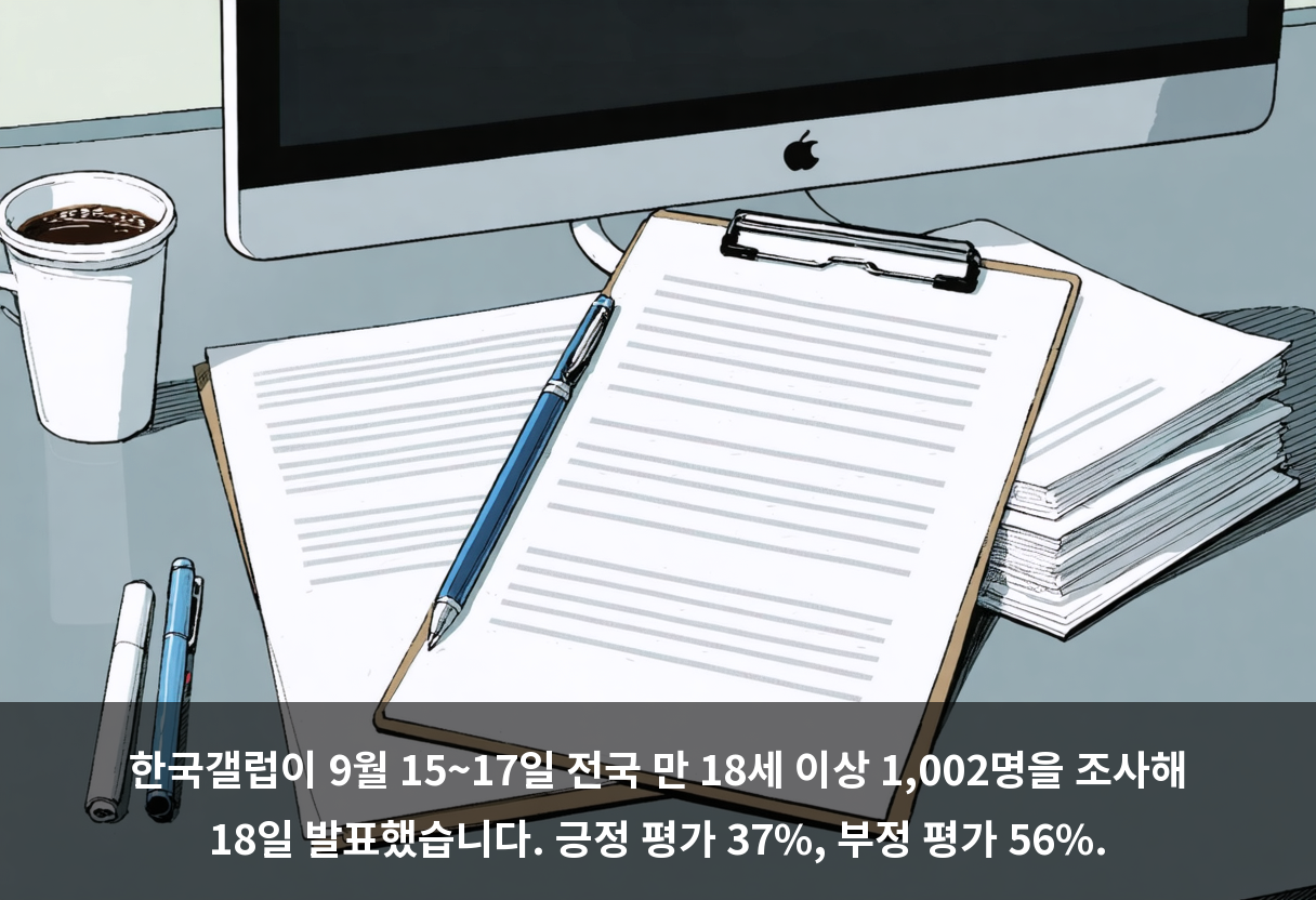 한국갤럽이 9월 15~17일 전국 만 18세 이상 1,002명을 조사해 18일 발표했습니다. 긍정 평가 37%, 부정 평가 56%.
