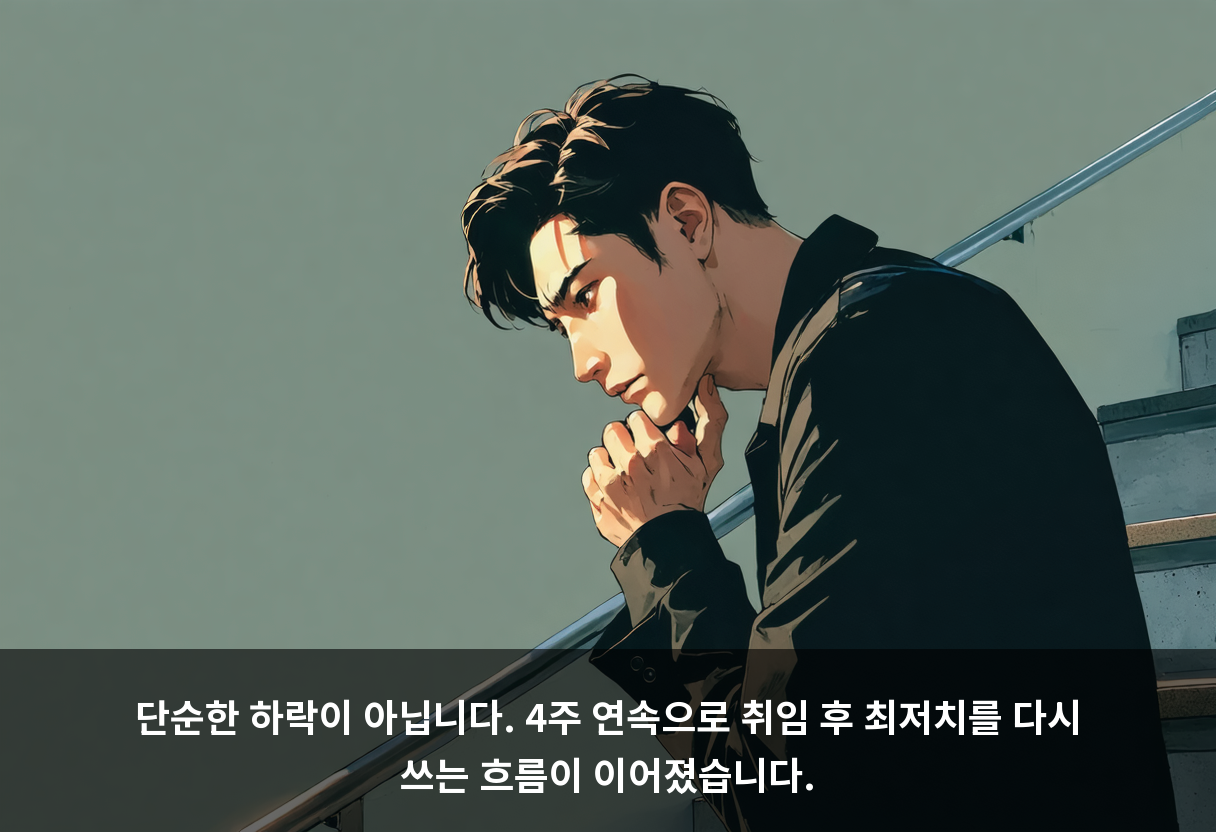 단순한 하락이 아닙니다. 4주 연속으로 취임 후 최저치를 다시 쓰는 흐름이 이어졌습니다.