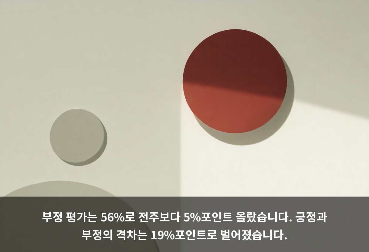 부정 평가는 56%로 전주보다 5%포인트 올랐습니다. 긍정과 부정의 격차는 19%포인트로 벌어졌습니다.