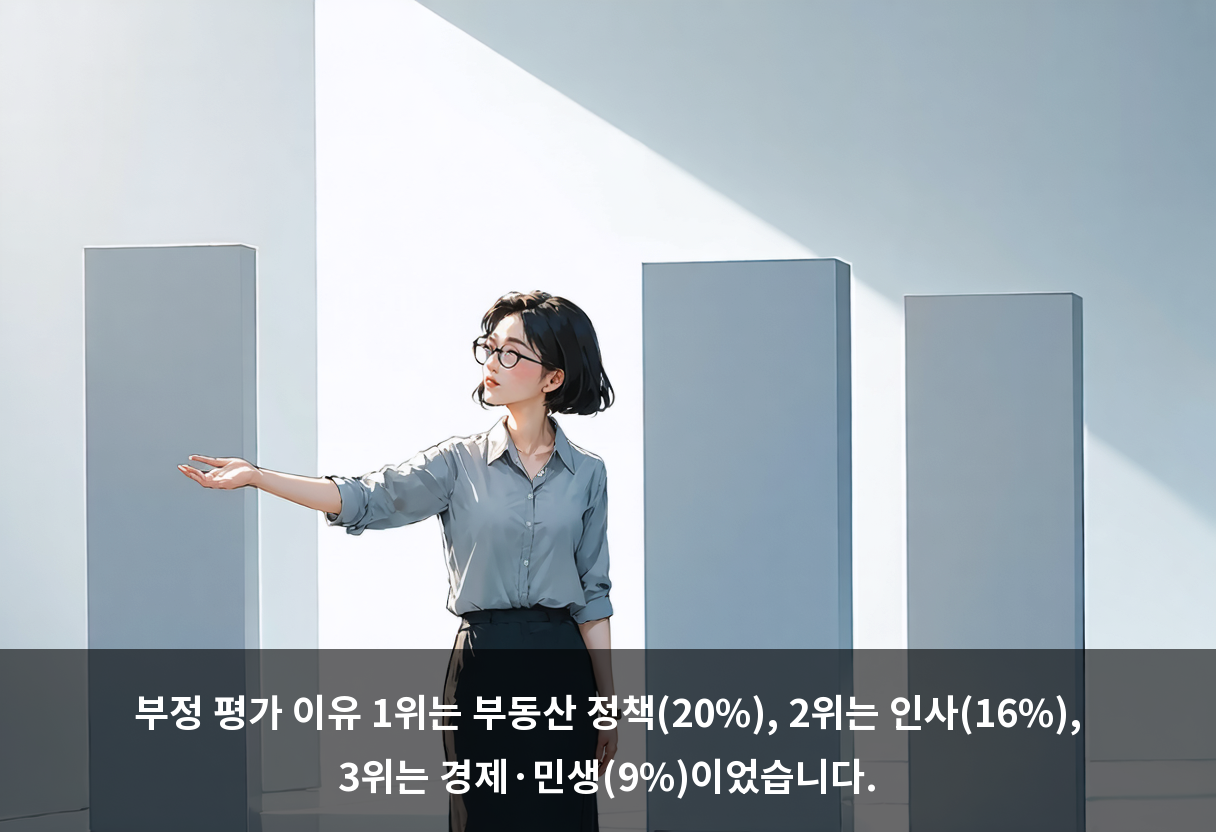 부정 평가 이유 1위는 부동산 정책(20%), 2위는 인사(16%), 3위는 경제·민생(9%)이었습니다.