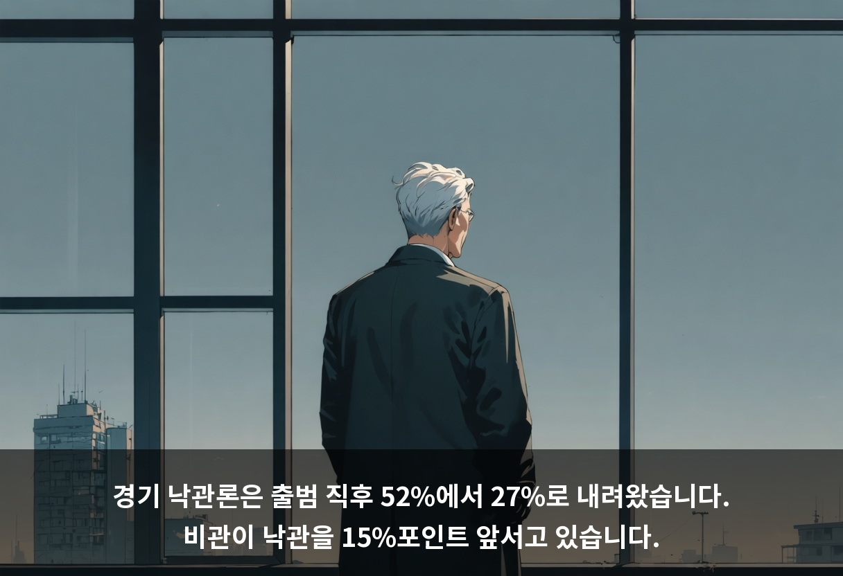 경기 낙관론은 출범 직후 52%에서 27%로 내려왔습니다. 비관이 낙관을 15%포인트 앞서고 있습니다.