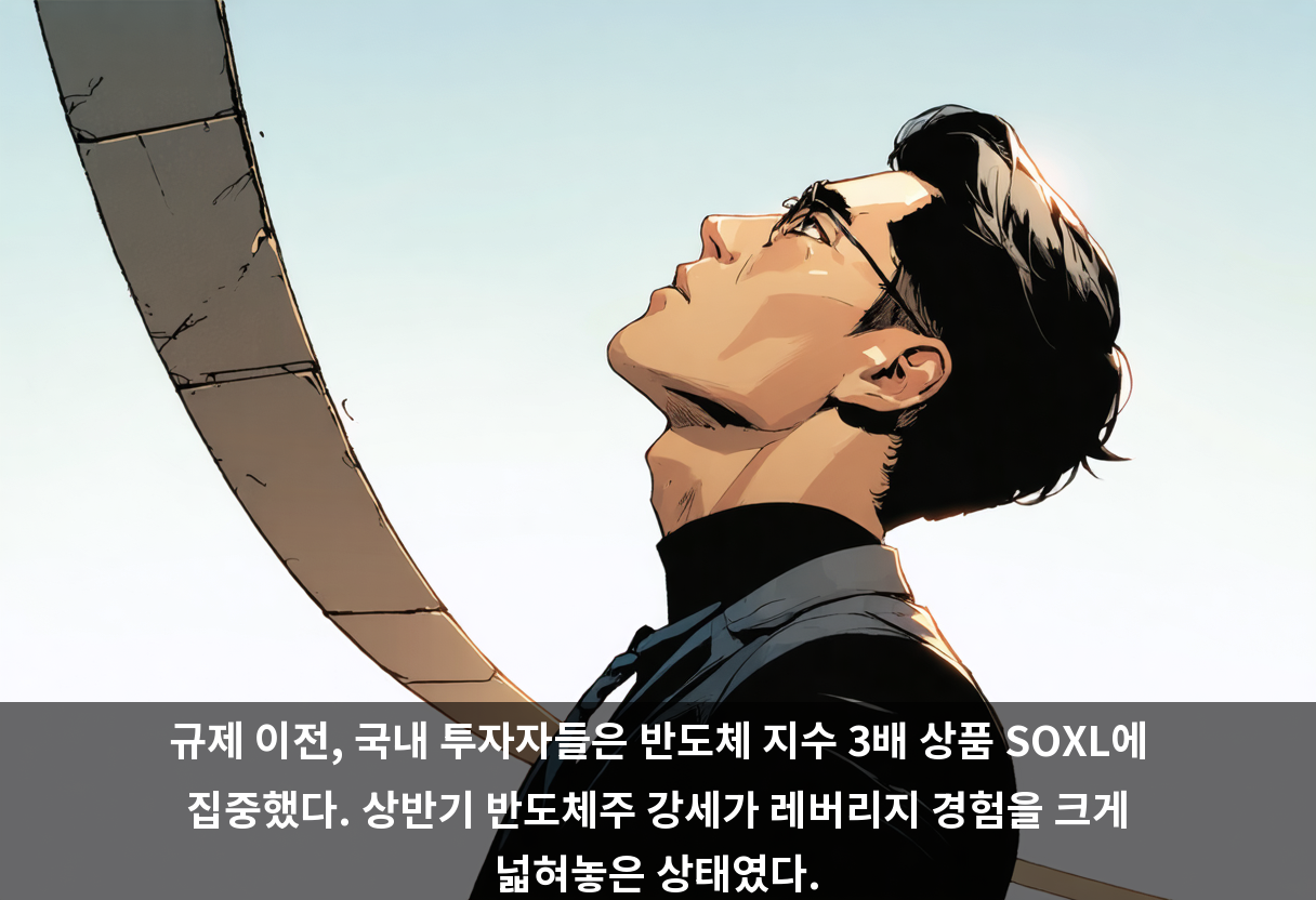 규제 이전, 국내 투자자들은 반도체 지수 3배 상품 SOXL에 집중했다. 상반기 반도체주 강세가 레버리지 경험을 크게 넓혀놓은 상태였다.