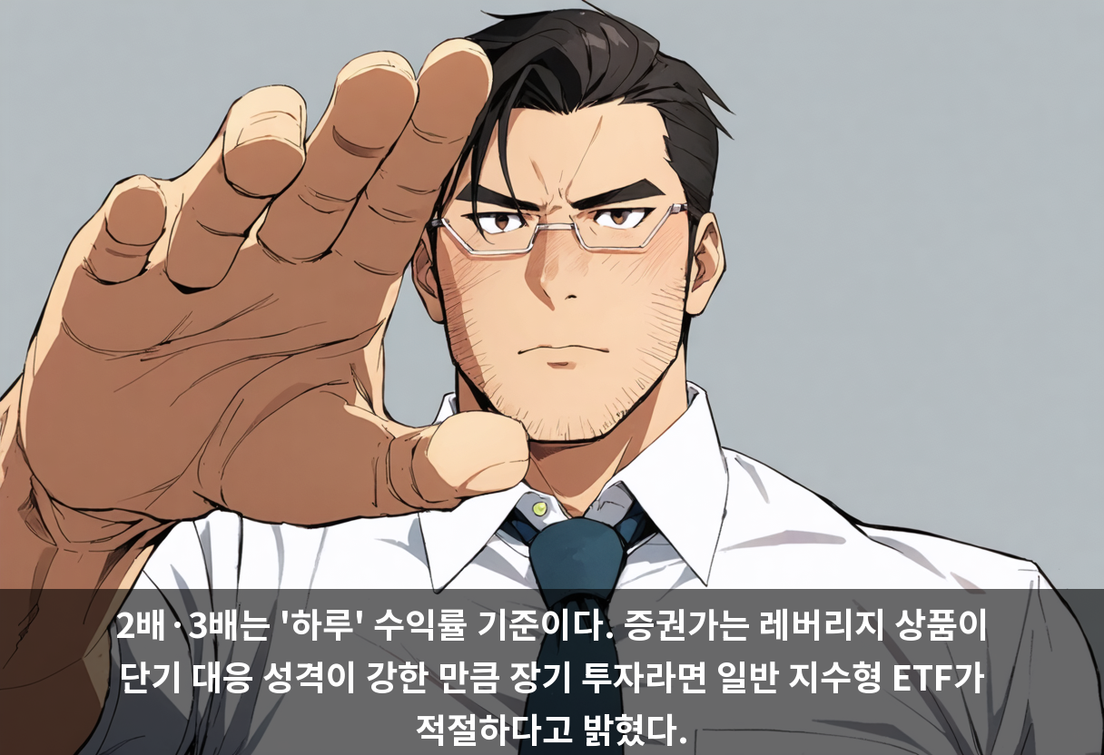 2배·3배는 '하루' 수익률 기준이다. 증권가는 레버리지 상품이 단기 대응 성격이 강한 만큼 장기 투자라면 일반 지수형 ETF가 적절하다고 밝혔다.