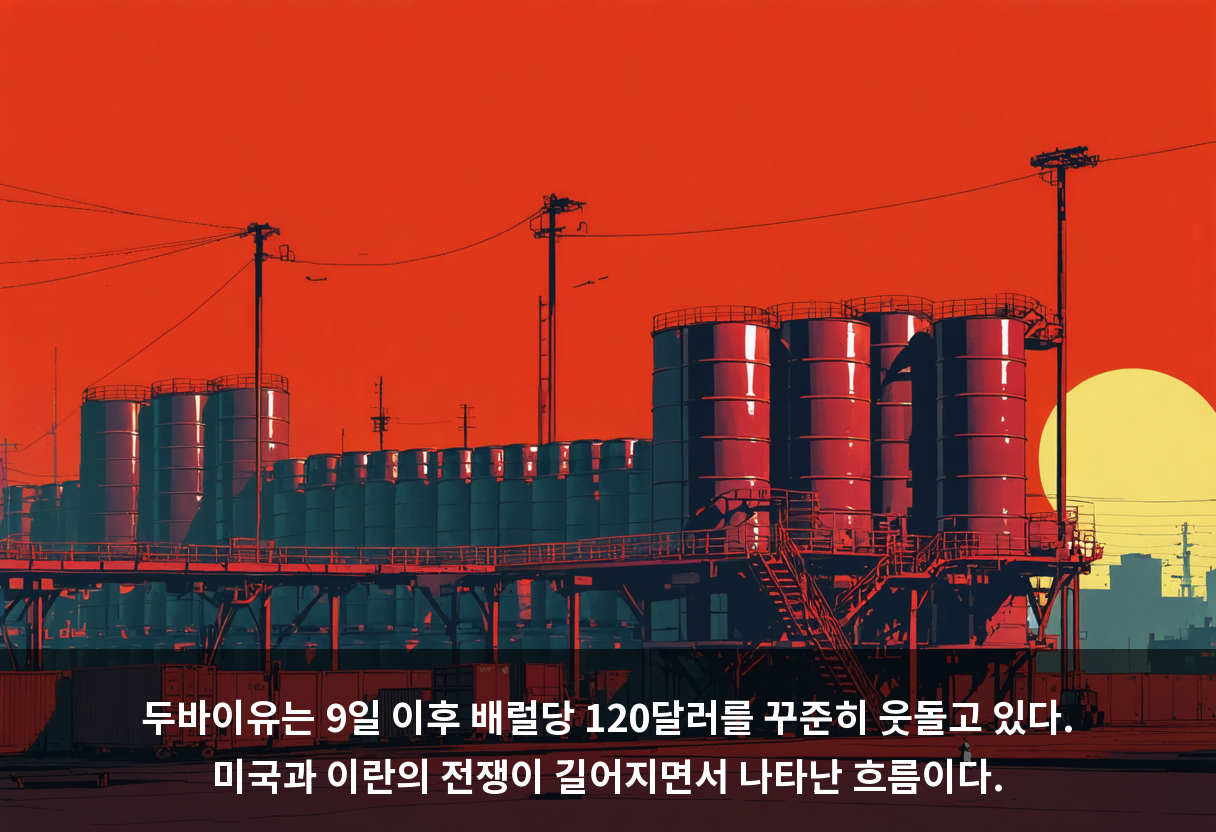 두바이유는 9일 이후 배럴당 120달러를 꾸준히 웃돌고 있다. 미국과 이란의 전쟁이 길어지면서 나타난 흐름이다.