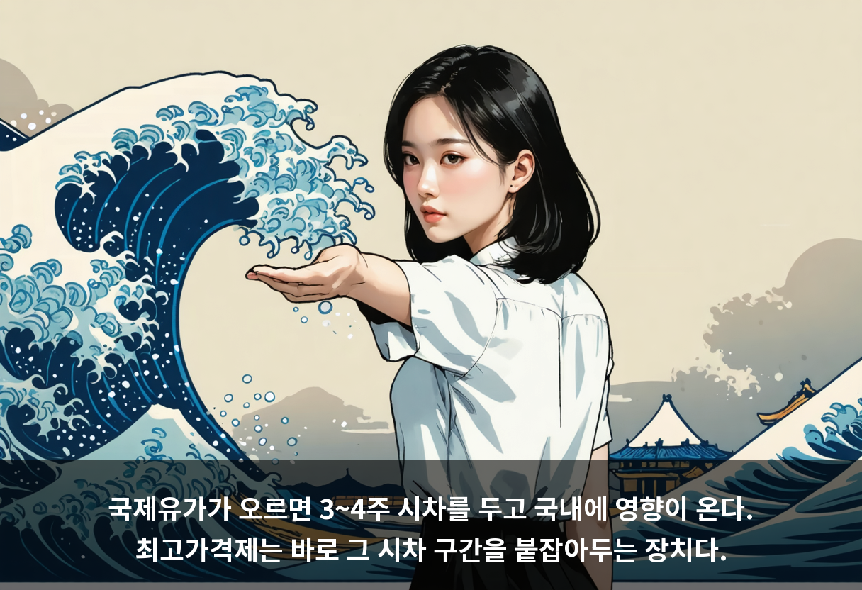 상한선이 원유 구매 비용을 낮추지는 않는다. 정부는 소비자 가격과 원가 사이의 간격을 예비비 4조 2,000억 원으로 메우는 구조를 만들었다.