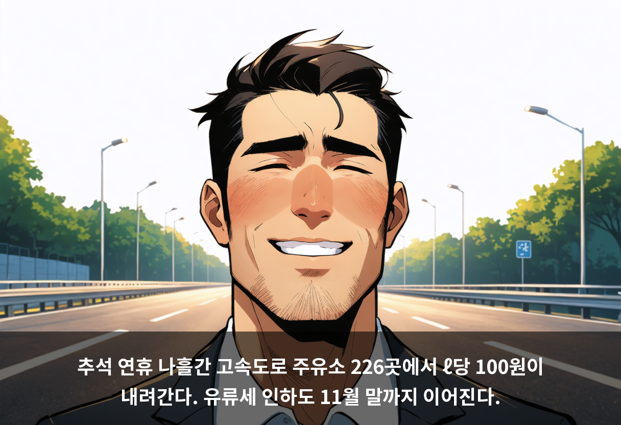 추석 연휴 24~27일, 한국도로공사가 관리하는 재정 고속도로 주유소 226곳에서는 ℓ당 100원 인하가 적용된다. 민자 고속도로는 해당되지 않는다.