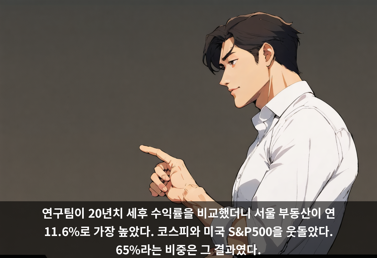 연구팀이 20년치 세후 수익률을 비교했더니 서울 부동산이 연 11.6%로 가장 높았다. 코스피와 미국 S&P500을 웃돌았다. 65%라는 비중은 그 결과였다.