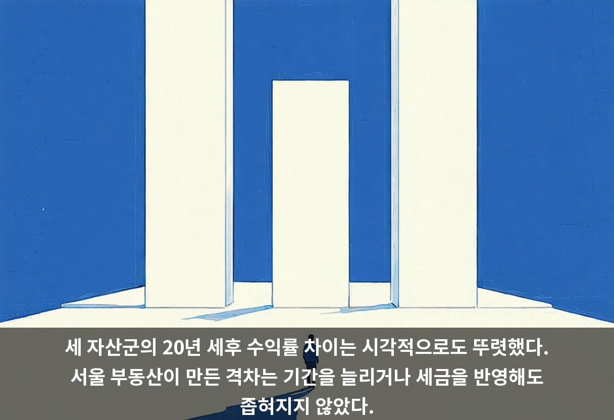 세 자산군의 20년 세후 수익률 차이는 시각적으로도 뚜렷했다. 서울 부동산이 만든 격차는 기간을 늘리거나 세금을 반영해도 좁혀지지 않았다.