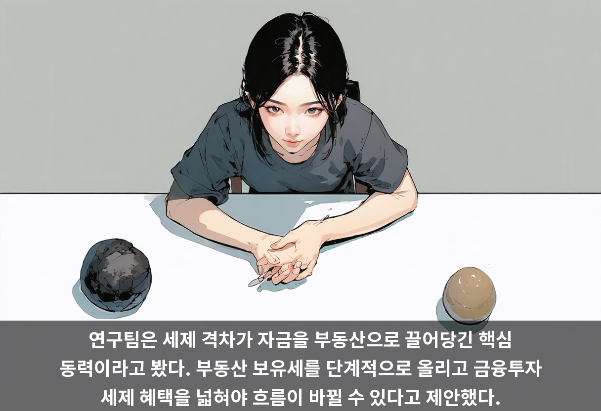연구팀은 세제 격차가 자금을 부동산으로 끌어당긴 핵심 동력이라고 봤다. 부동산 보유세를 단계적으로 올리고 금융투자 세제 혜택을 넓혀야 흐름이 바뀔 수 있다고 제안했다.