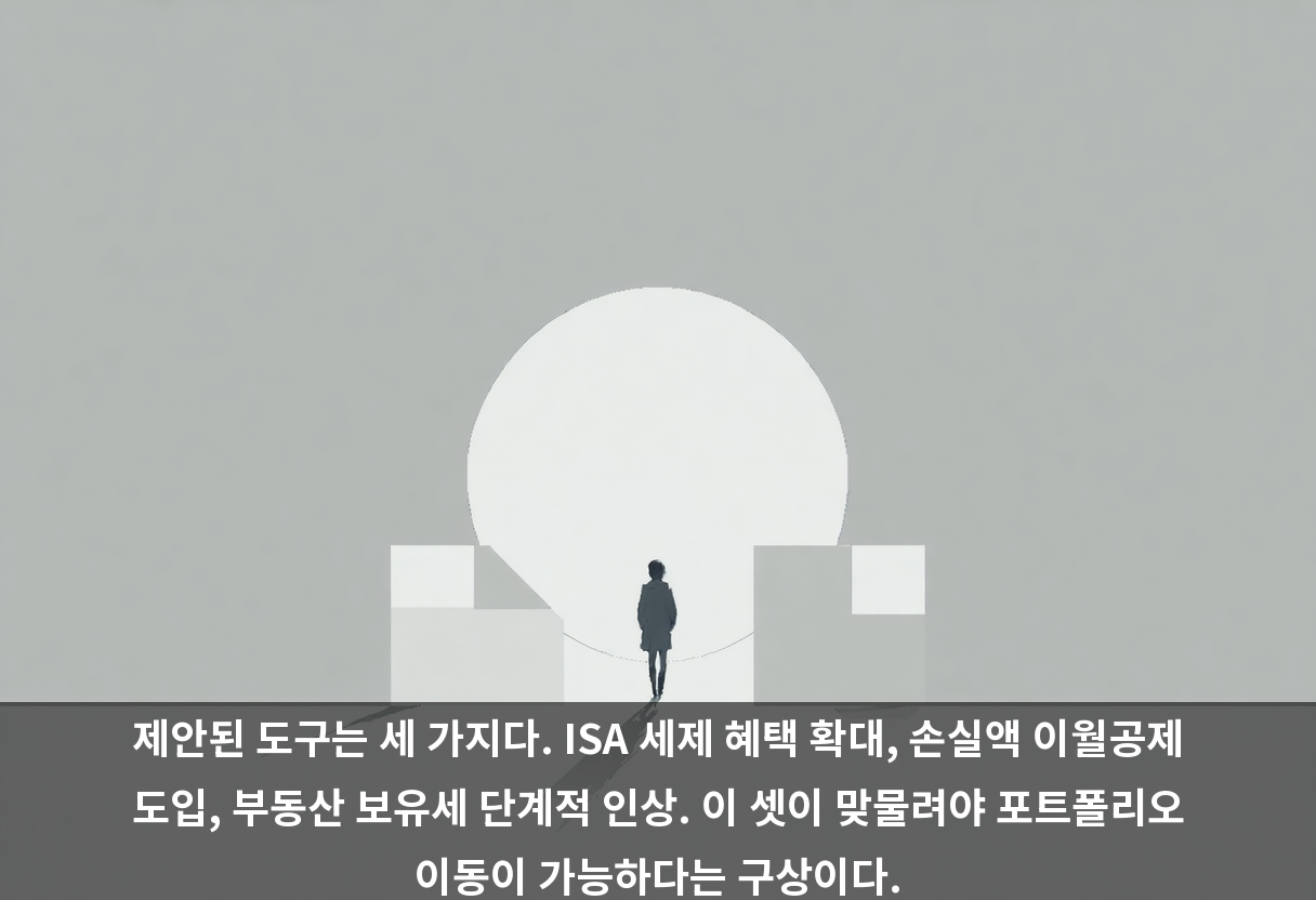 제안된 도구는 세 가지다. ISA 세제 혜택 확대, 손실액 이월공제 도입, 부동산 보유세 단계적 인상. 이 셋이 맞물려야 포트폴리오 이동이 가능하다는 구상이다.