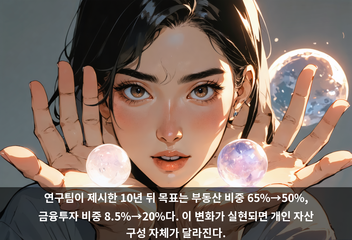 연구팀이 제시한 10년 뒤 목표는 부동산 비중 65%→50%, 금융투자 비중 8.5%→20%다. 이 변화가 실현되면 개인 자산 구성 자체가 달라진다.