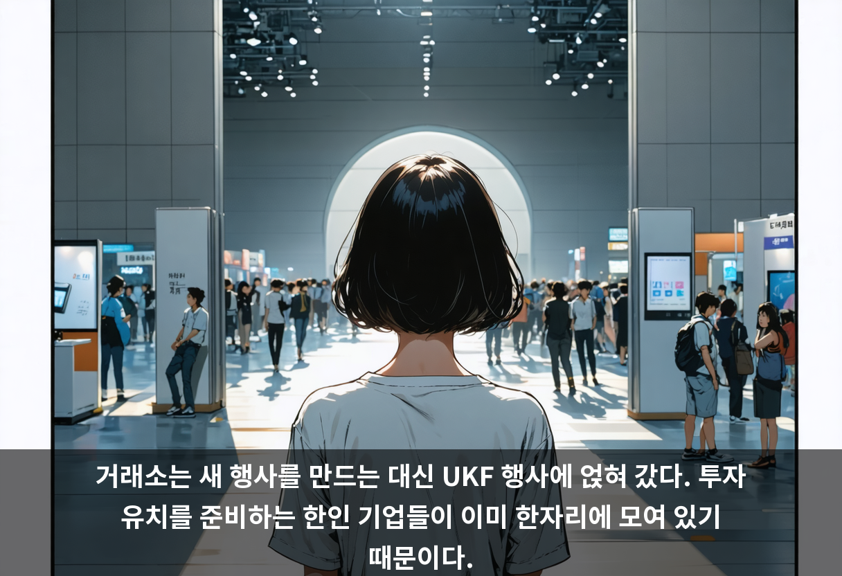 거래소는 새 행사를 만드는 대신 UKF 행사에 얹혀 갔다. 투자 유치를 준비하는 한인 기업들이 이미 한자리에 모여 있기 때문이다.