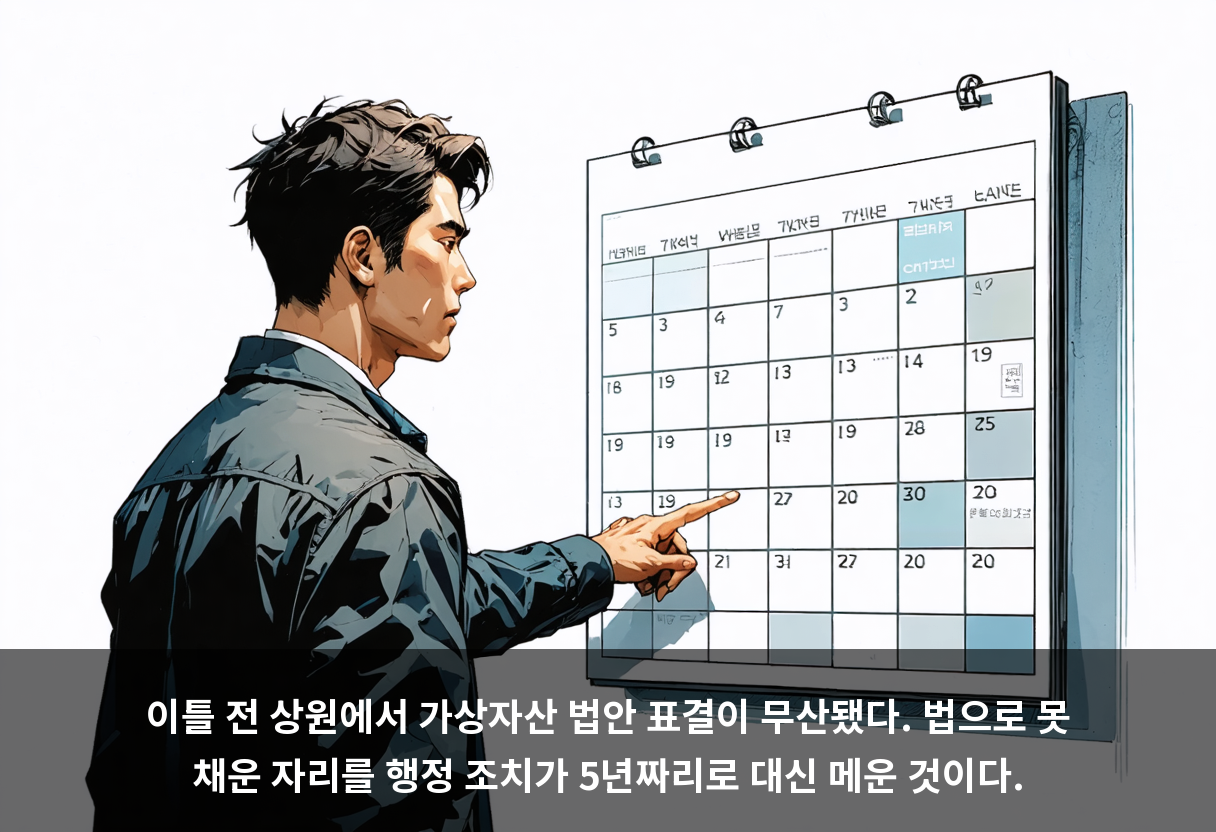 이틀 전 상원에서 가상자산 법안 표결이 무산됐다. 법으로 못 채운 자리를 행정 조치가 5년짜리로 대신 메운 것이다.