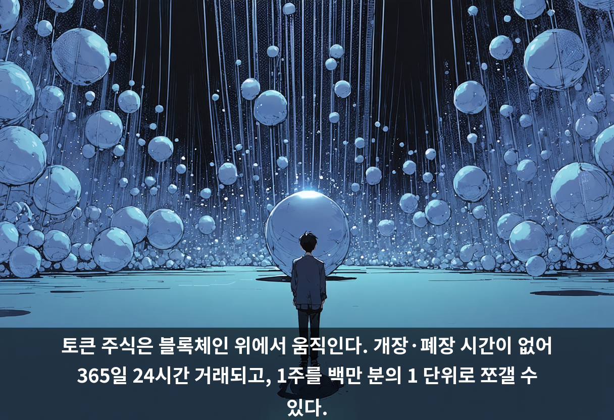 토큰 주식은 블록체인 위에서 움직인다. 개장·폐장 시간이 없어 365일 24시간 거래되고, 1주를 백만 분의 1 단위로 쪼갤 수 있다.