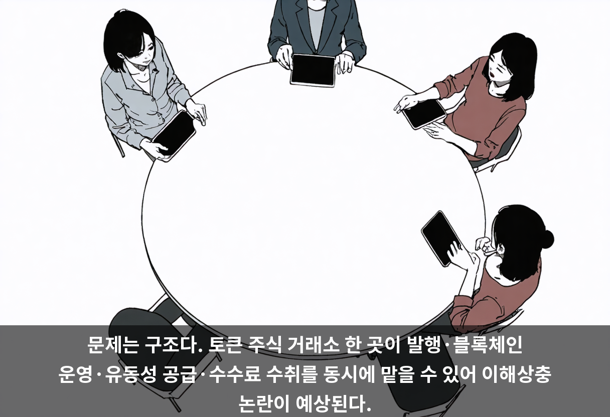 문제는 구조다. 토큰 주식 거래소 한 곳이 발행·블록체인 운영·유동성 공급·수수료 수취를 동시에 맡을 수 있어 이해상충 논란이 예상된다.