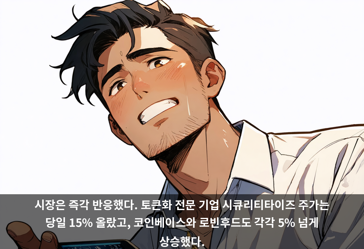 시장은 즉각 반응했다. 토큰화 전문 기업 시큐리티타이즈 주가는 당일 15% 올랐고, 코인베이스와 로빈후드도 각각 5% 넘게 상승했다.