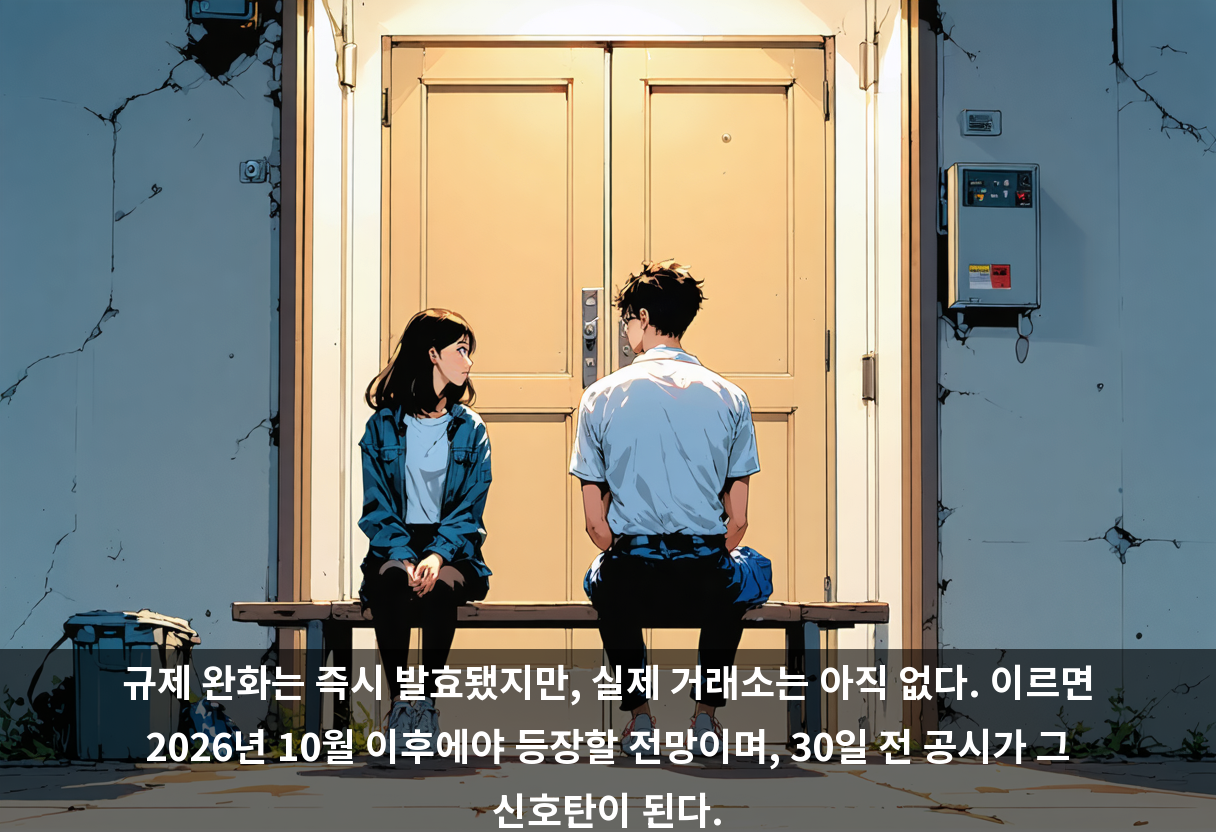 규제 완화는 즉시 발효됐지만, 실제 거래소는 아직 없다. 이르면 2026년 10월 이후에야 등장할 전망이며, 30일 전 공시가 그 신호탄이 된다.