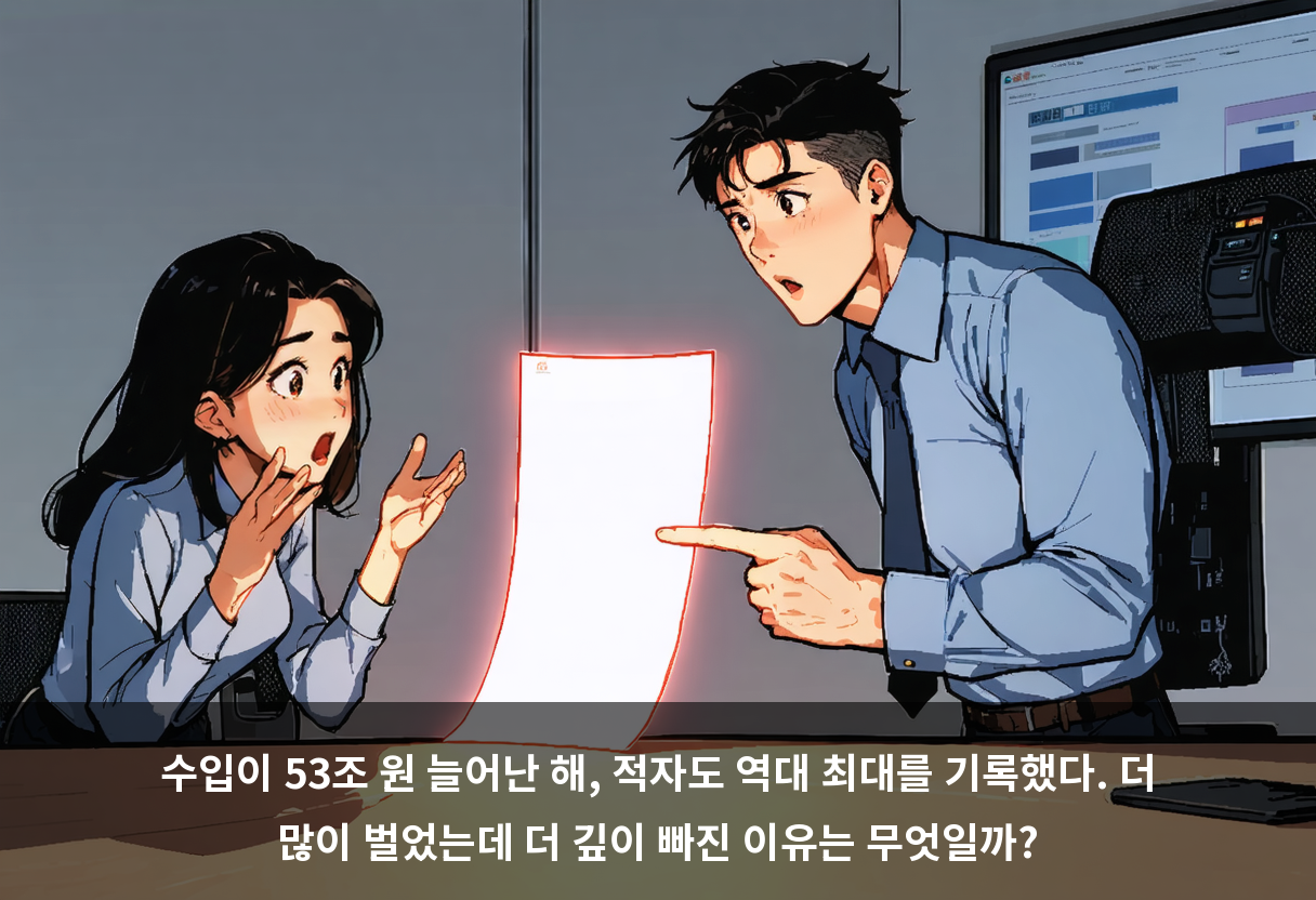 수입이 53조 원 늘어난 해, 적자도 역대 최대를 기록했다. 더 많이 벌었는데 더 깊이 빠진 이유는 무엇일까?