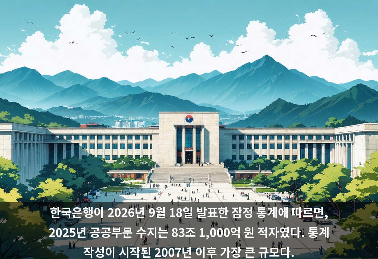 한국은행이 2026년 9월 18일 발표한 잠정 통계에 따르면, 2025년 공공부문 수지는 83조 1,000억 원 적자였다. 통계 작성이 시작된 2007년 이후 가장 큰 규모다.