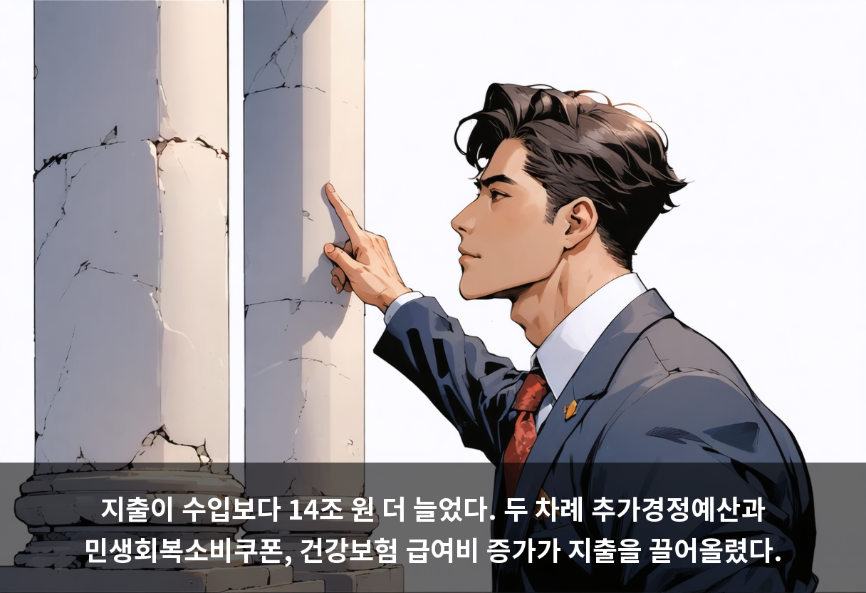 지출이 수입보다 14조 원 더 늘었다. 두 차례 추가경정예산과 민생회복소비쿠폰, 건강보험 급여비 증가가 지출을 끌어올렸다.