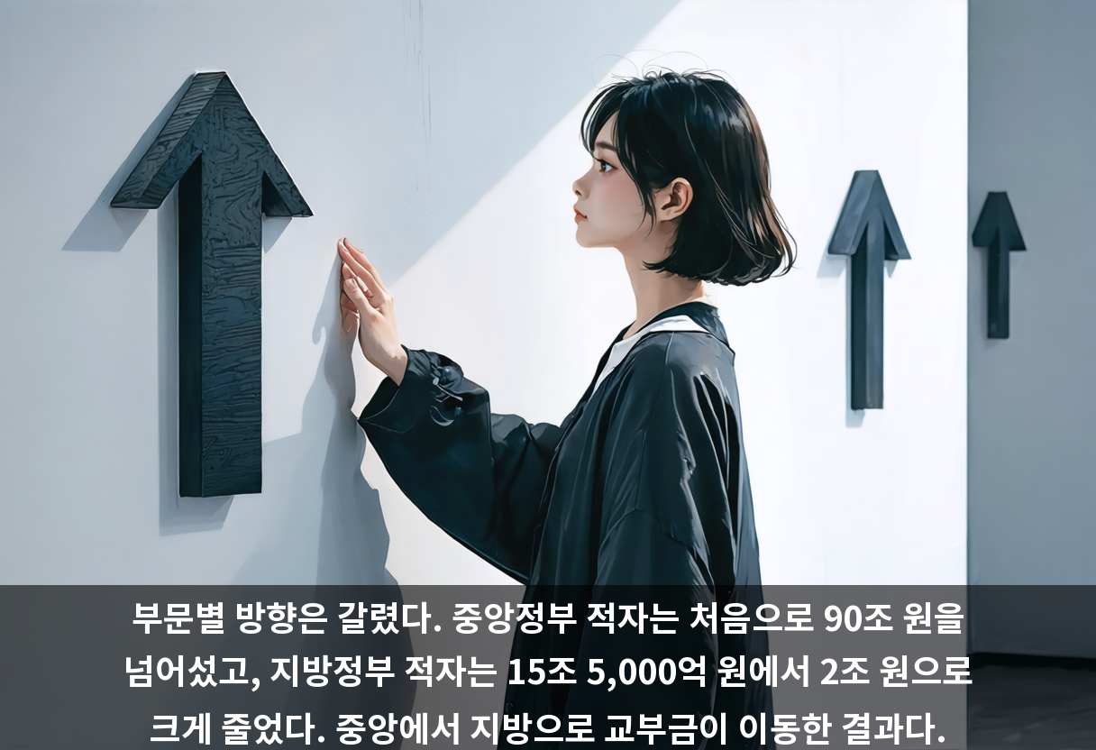 부문별 방향은 갈렸다. 중앙정부 적자는 처음으로 90조 원을 넘어섰고, 지방정부 적자는 15조 5,000억 원에서 2조 원으로 크게 줄었다. 중앙에서 지방으로 교부금이 이동한 결과다.