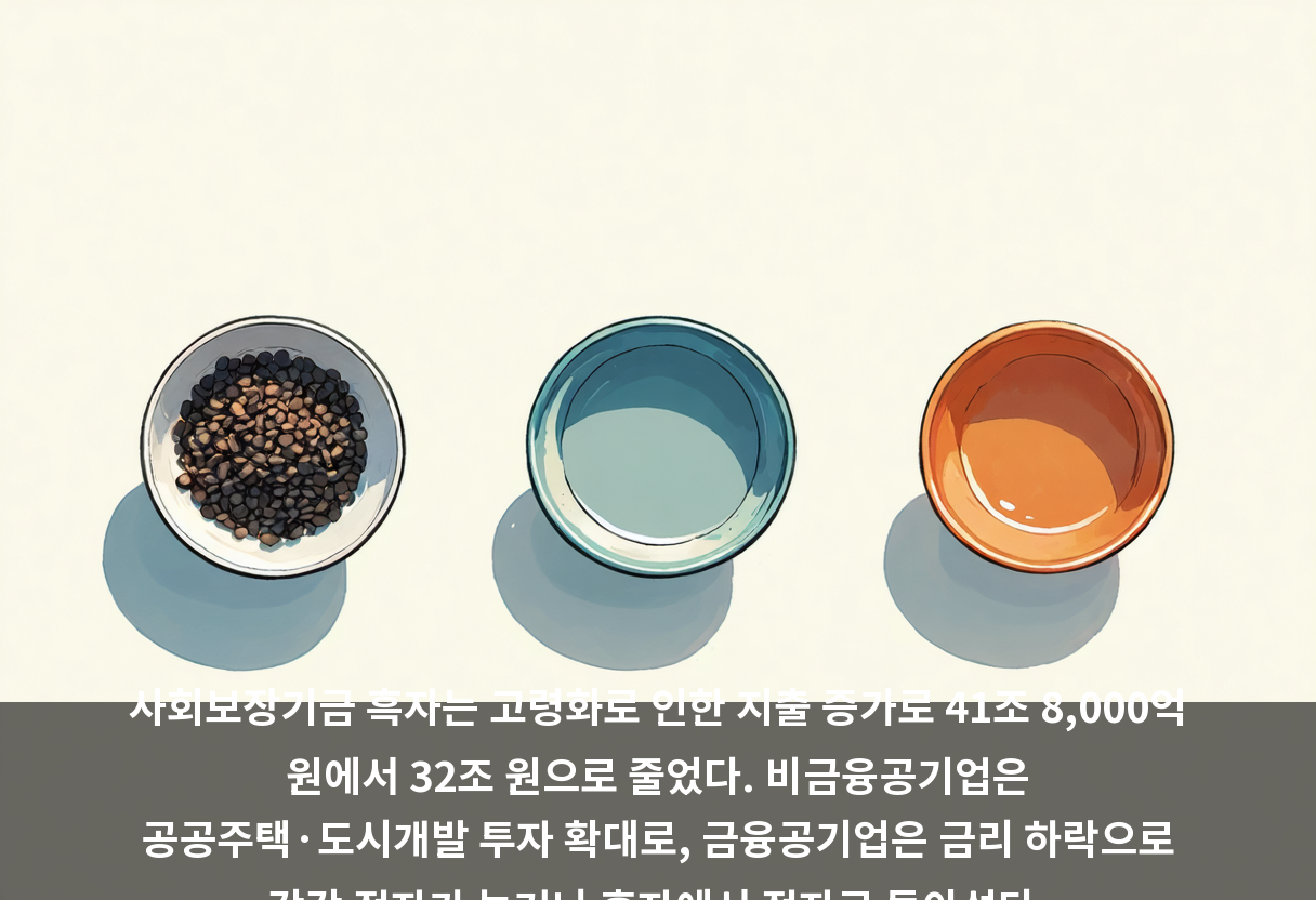 사회보장기금 흑자는 고령화로 인한 지출 증가로 41조 8,000억 원에서 32조 원으로 줄었다. 비금융공기업은 공공주택·도시개발 투자 확대로, 금융공기업은 금리 하락으로 각각 적자가 늘거나 흑자에서 적자로 돌아섰다.