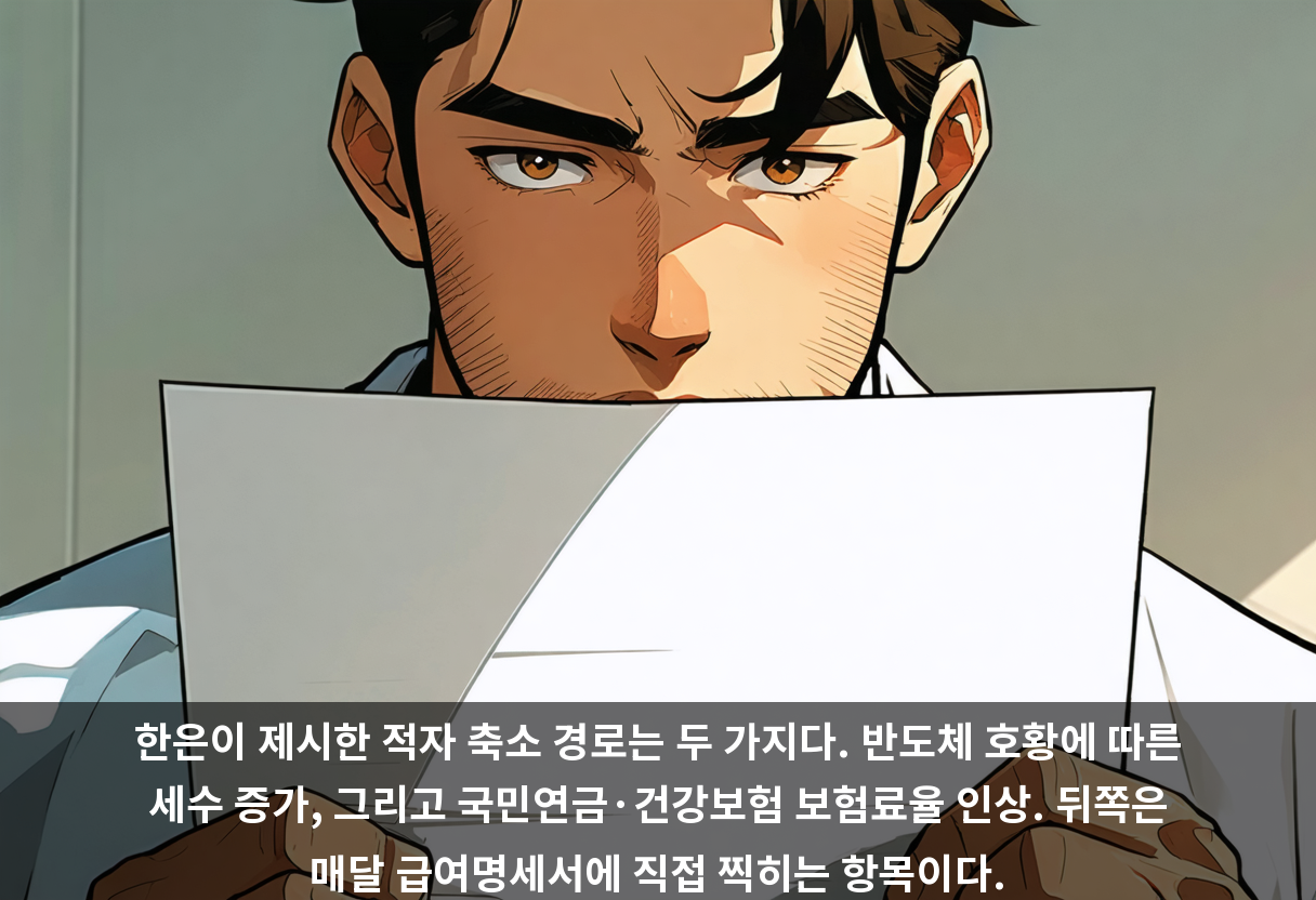 한은이 제시한 적자 축소 경로는 두 가지다. 반도체 호황에 따른 세수 증가, 그리고 국민연금·건강보험 보험료율 인상. 뒤쪽은 매달 급여명세서에 직접 찍히는 항목이다.