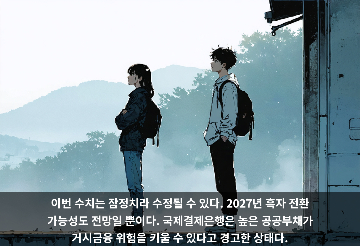 이번 수치는 잠정치라 수정될 수 있다. 2027년 흑자 전환 가능성도 전망일 뿐이다. 국제결제은행은 높은 공공부채가 거시금융 위험을 키울 수 있다고 경고한 상태다.