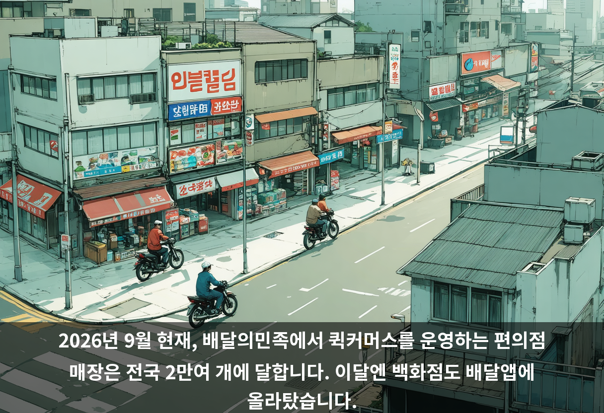 2026년 9월 현재, 배달의민족에서 퀵커머스를 운영하는 편의점 매장은 전국 2만여 개에 달합니다. 이달엔 백화점도 배달앱에 올라탔습니다.