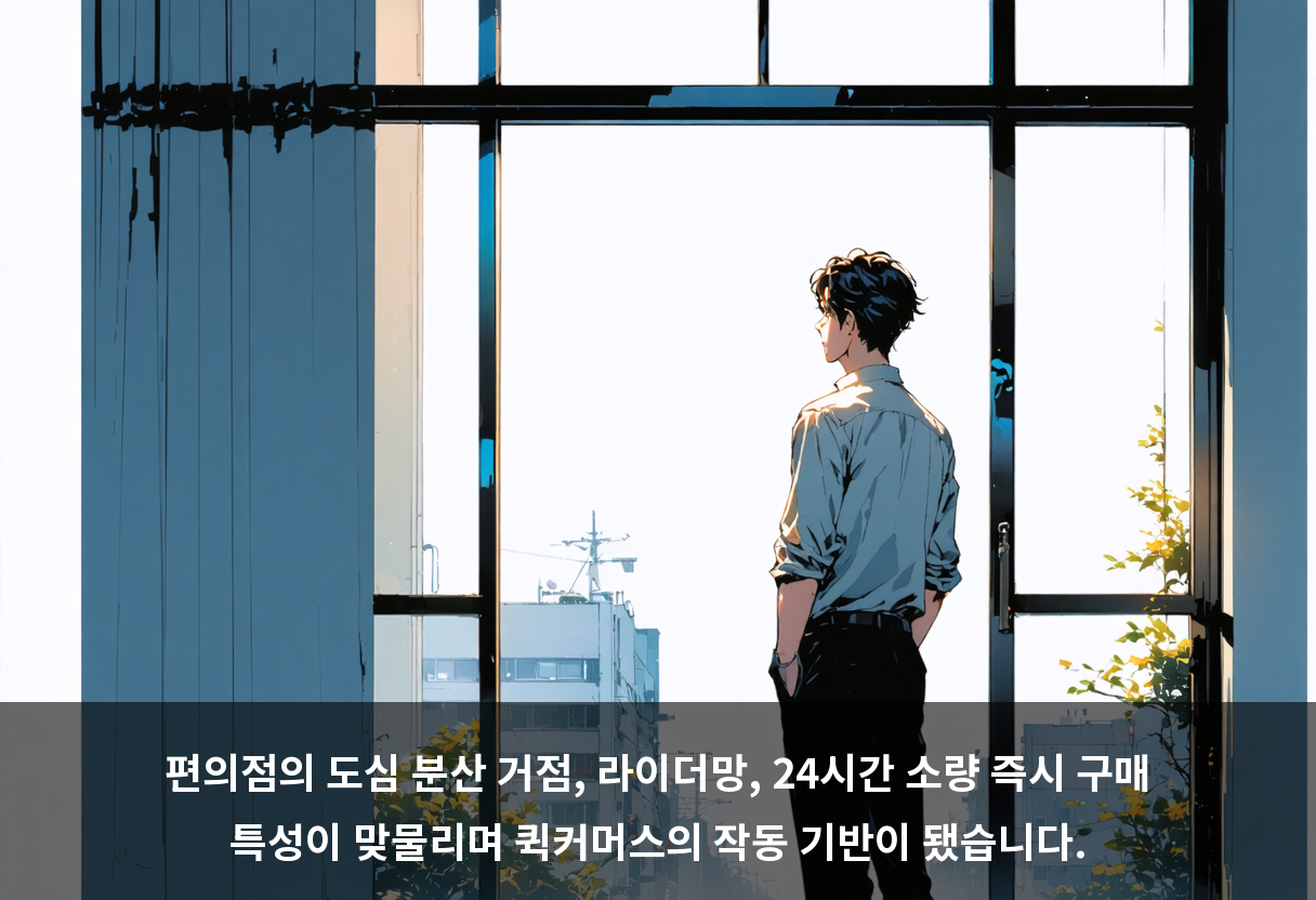 편의점의 도심 분산 거점, 라이더망, 24시간 소량 즉시 구매 특성이 맞물리며 퀵커머스의 작동 기반이 됐습니다.