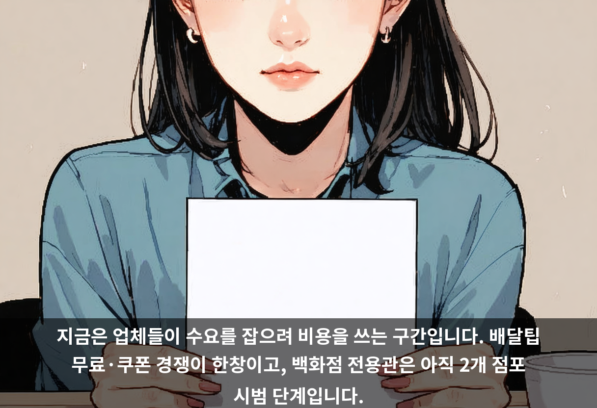 지금은 업체들이 수요를 잡으려 비용을 쓰는 구간입니다. 배달팁 무료·쿠폰 경쟁이 한창이고, 백화점 전용관은 아직 2개 점포 시범 단계입니다.