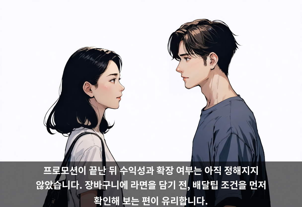 프로모션이 끝난 뒤 수익성과 확장 여부는 아직 정해지지 않았습니다. 장바구니에 라면을 담기 전, 배달팁 조건을 먼저 확인해 보는 편이 유리합니다.