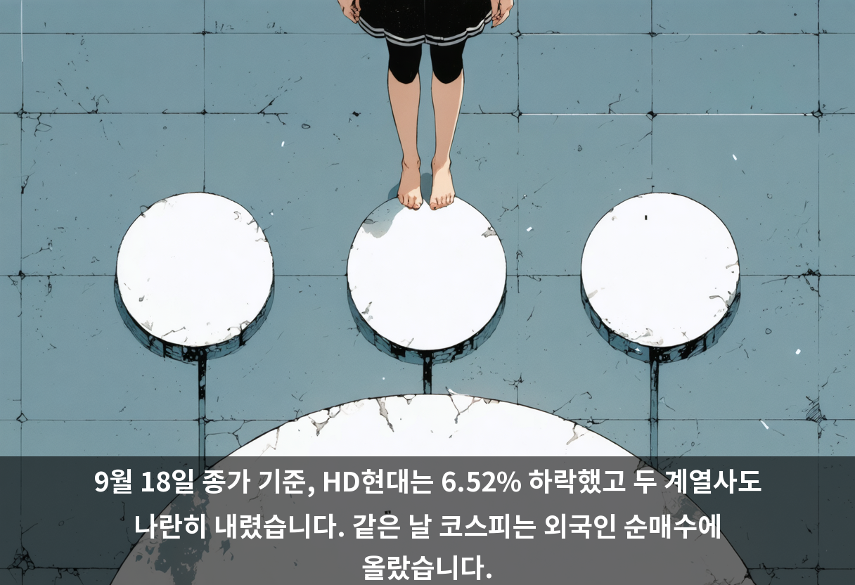 9월 18일 종가 기준, HD현대는 6.52% 하락했고 두 계열사도 나란히 내렸습니다. 같은 날 코스피는 외국인 순매수에 올랐습니다.