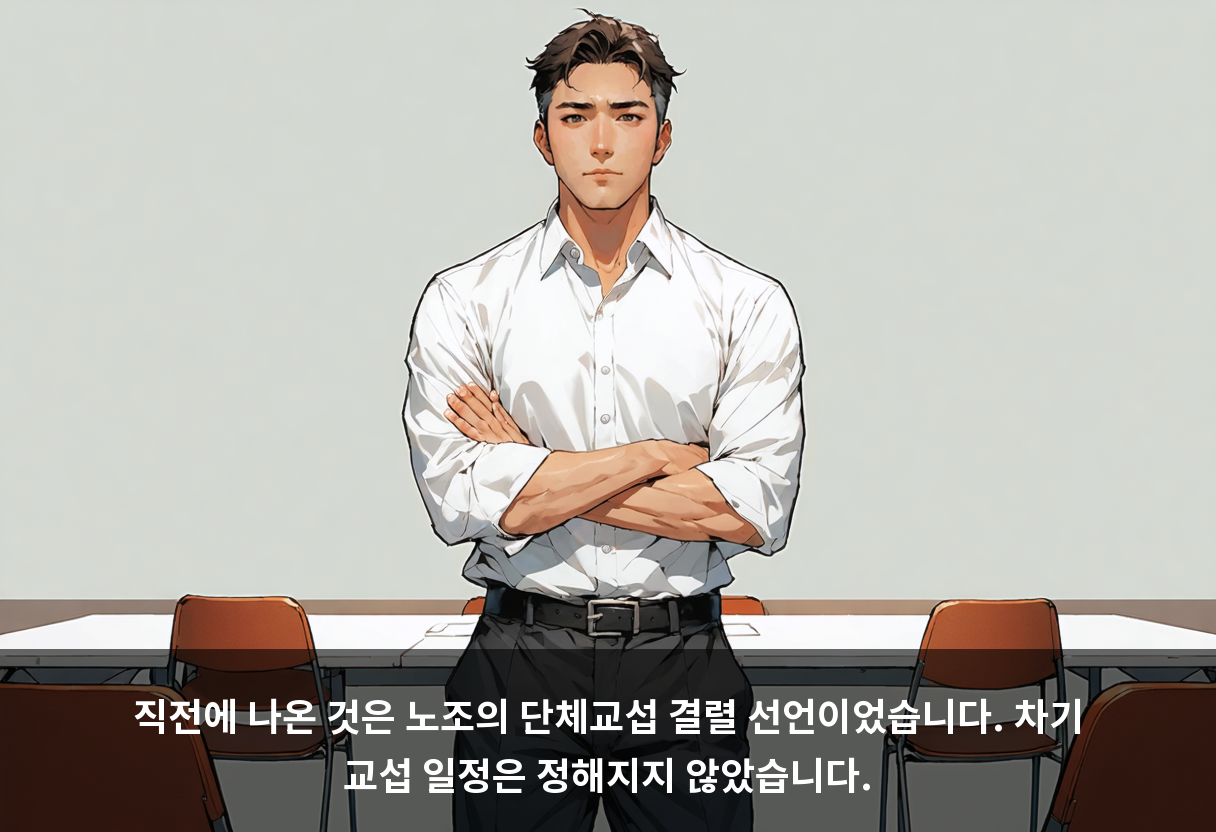 직전에 나온 것은 노조의 단체교섭 결렬 선언이었습니다. 차기 교섭 일정은 정해지지 않았습니다.