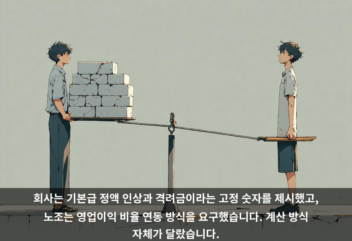 회사는 기본급 정액 인상과 격려금이라는 고정 숫자를 제시했고, 노조는 영업이익 비율 연동 방식을 요구했습니다. 계산 방식 자체가 달랐습니다.