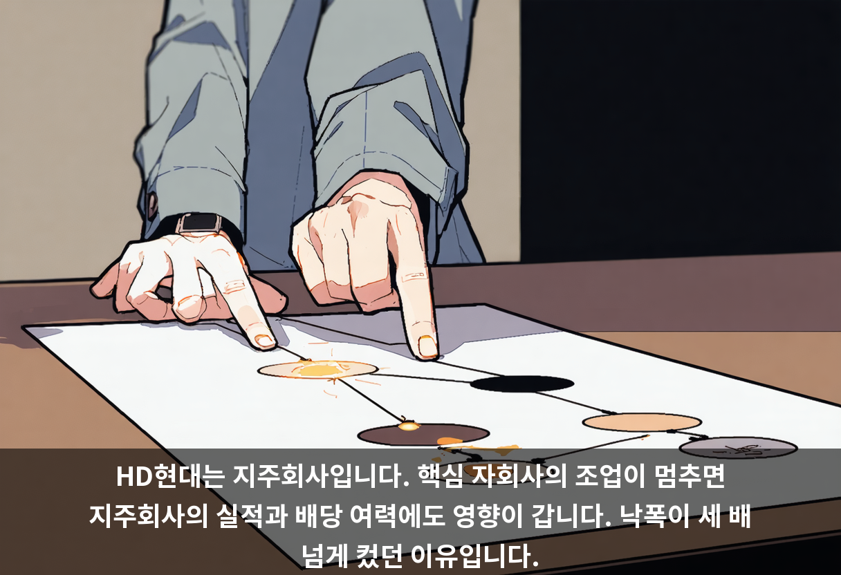 HD현대는 지주회사입니다. 핵심 자회사의 조업이 멈추면 지주회사의 실적과 배당 여력에도 영향이 갑니다. 낙폭이 세 배 넘게 컸던 이유입니다.