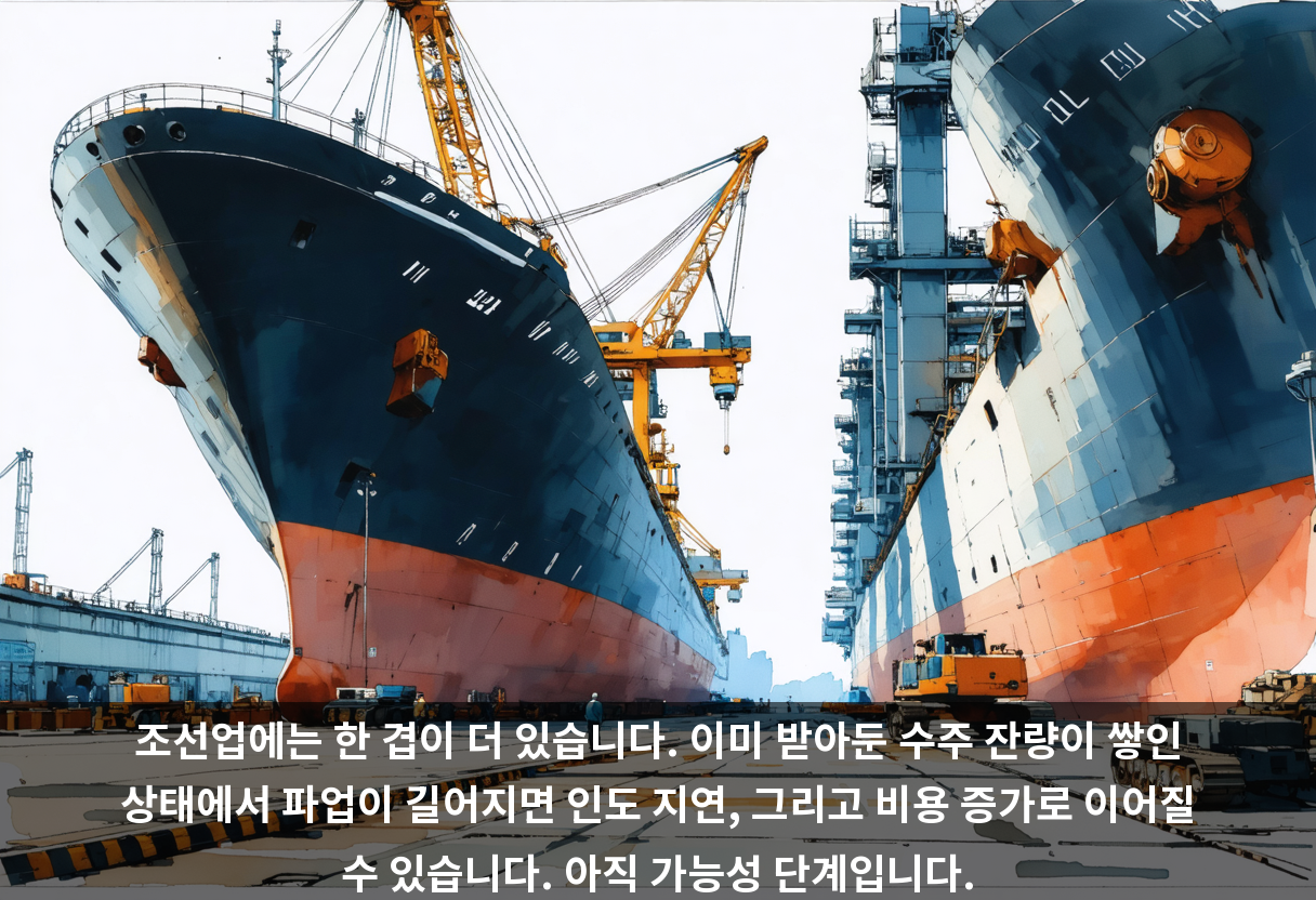 조선업에는 한 겹이 더 있습니다. 이미 받아둔 수주 잔량이 쌓인 상태에서 파업이 길어지면 인도 지연, 그리고 비용 증가로 이어질 수 있습니다. 아직 가능성 단계입니다.
