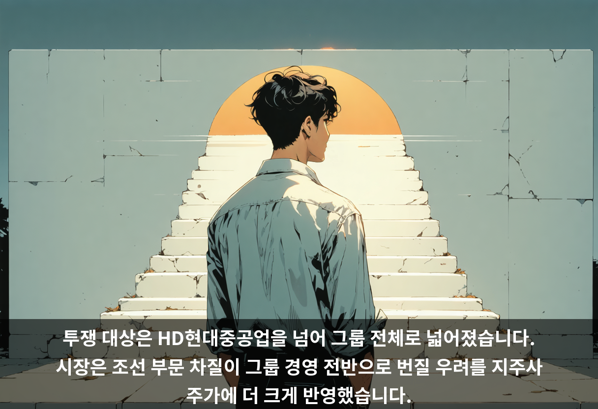 투쟁 대상은 HD현대중공업을 넘어 그룹 전체로 넓어졌습니다. 시장은 조선 부문 차질이 그룹 경영 전반으로 번질 우려를 지주사 주가에 더 크게 반영했습니다.