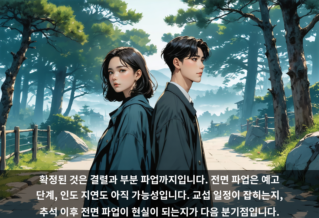 확정된 것은 결렬과 부분 파업까지입니다. 전면 파업은 예고 단계, 인도 지연도 아직 가능성입니다. 교섭 일정이 잡히는지, 추석 이후 전면 파업이 현실이 되는지가 다음 분기점입니다.