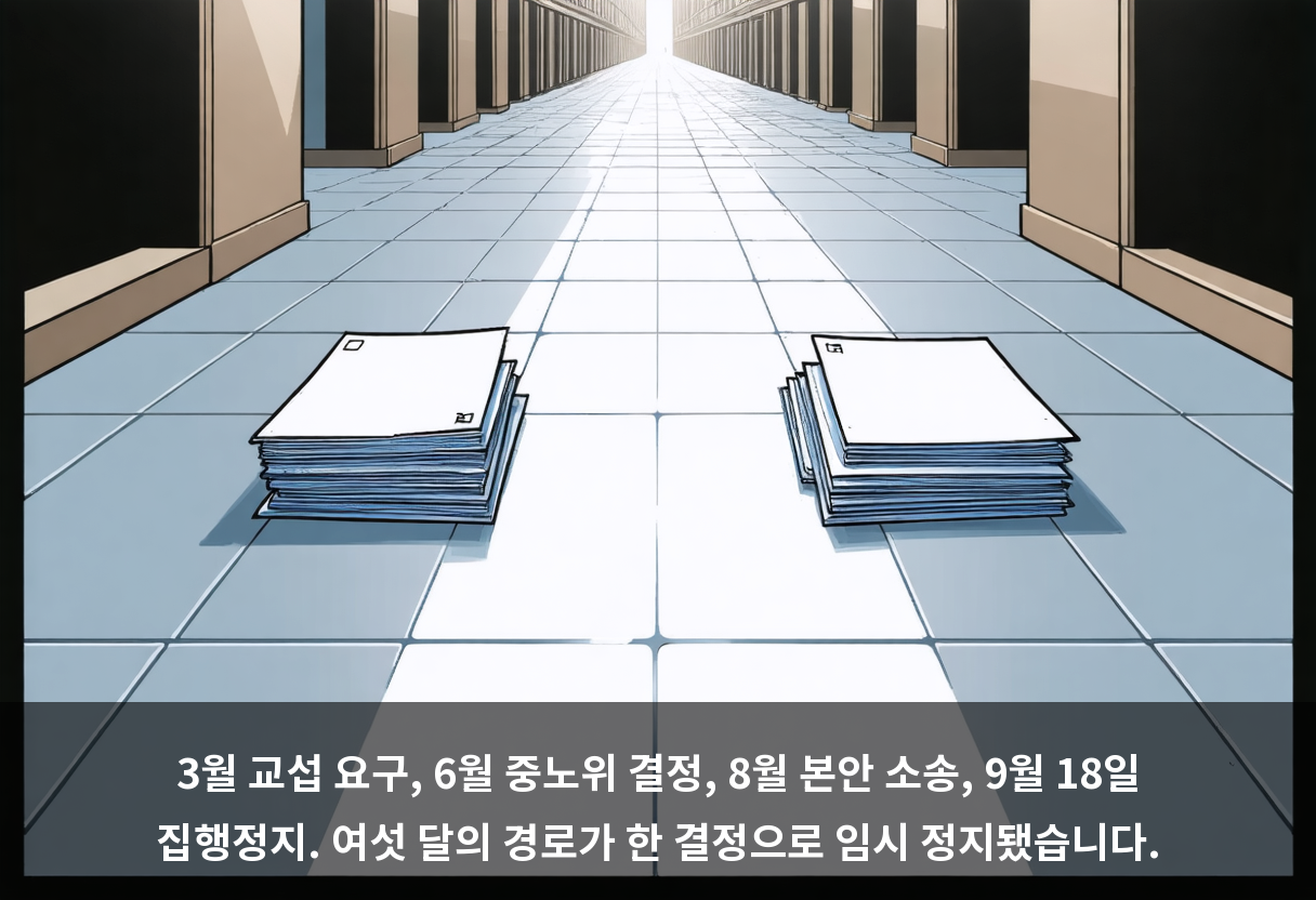 3월 교섭 요구, 6월 중노위 결정, 8월 본안 소송, 9월 18일 집행정지. 여섯 달의 경로가 한 결정으로 임시 정지됐습니다.