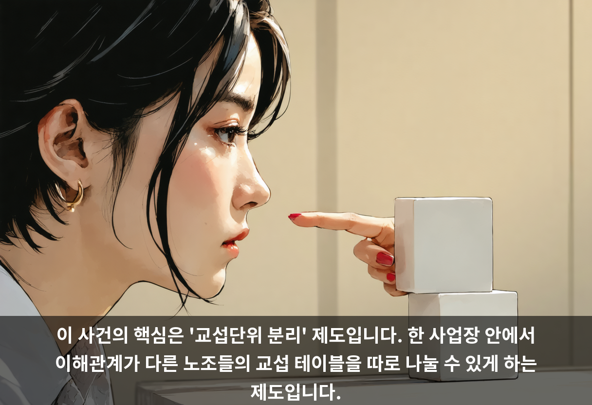 이 사건의 핵심은 '교섭단위 분리' 제도입니다. 한 사업장 안에서 이해관계가 다른 노조들의 교섭 테이블을 따로 나눌 수 있게 하는 제도입니다.