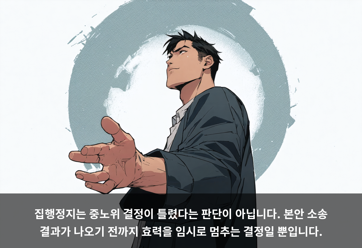 집행정지는 중노위 결정이 틀렸다는 판단이 아닙니다. 본안 소송 결과가 나오기 전까지 효력을 임시로 멈추는 결정일 뿐입니다.