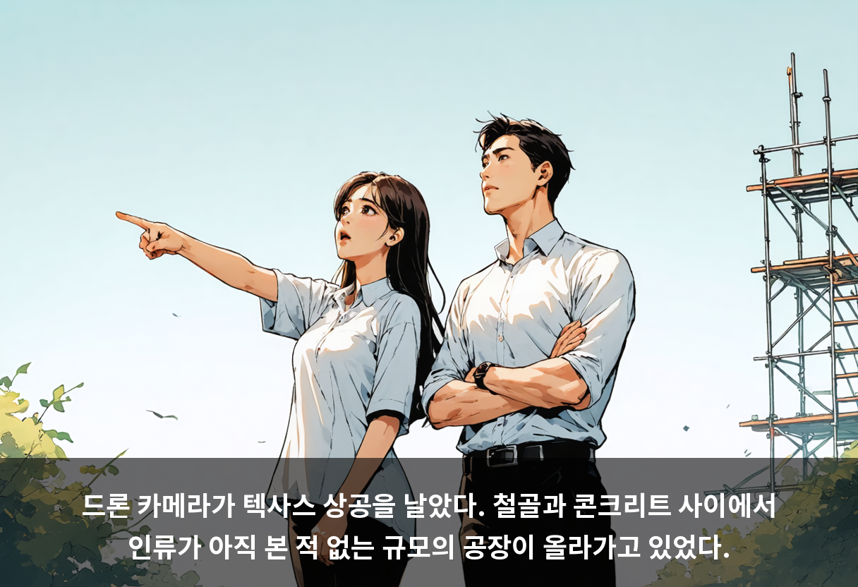 드론 카메라가 텍사스 상공을 날았다. 철골과 콘크리트 사이에서 인류가 아직 본 적 없는 규모의 공장이 올라가고 있었다.