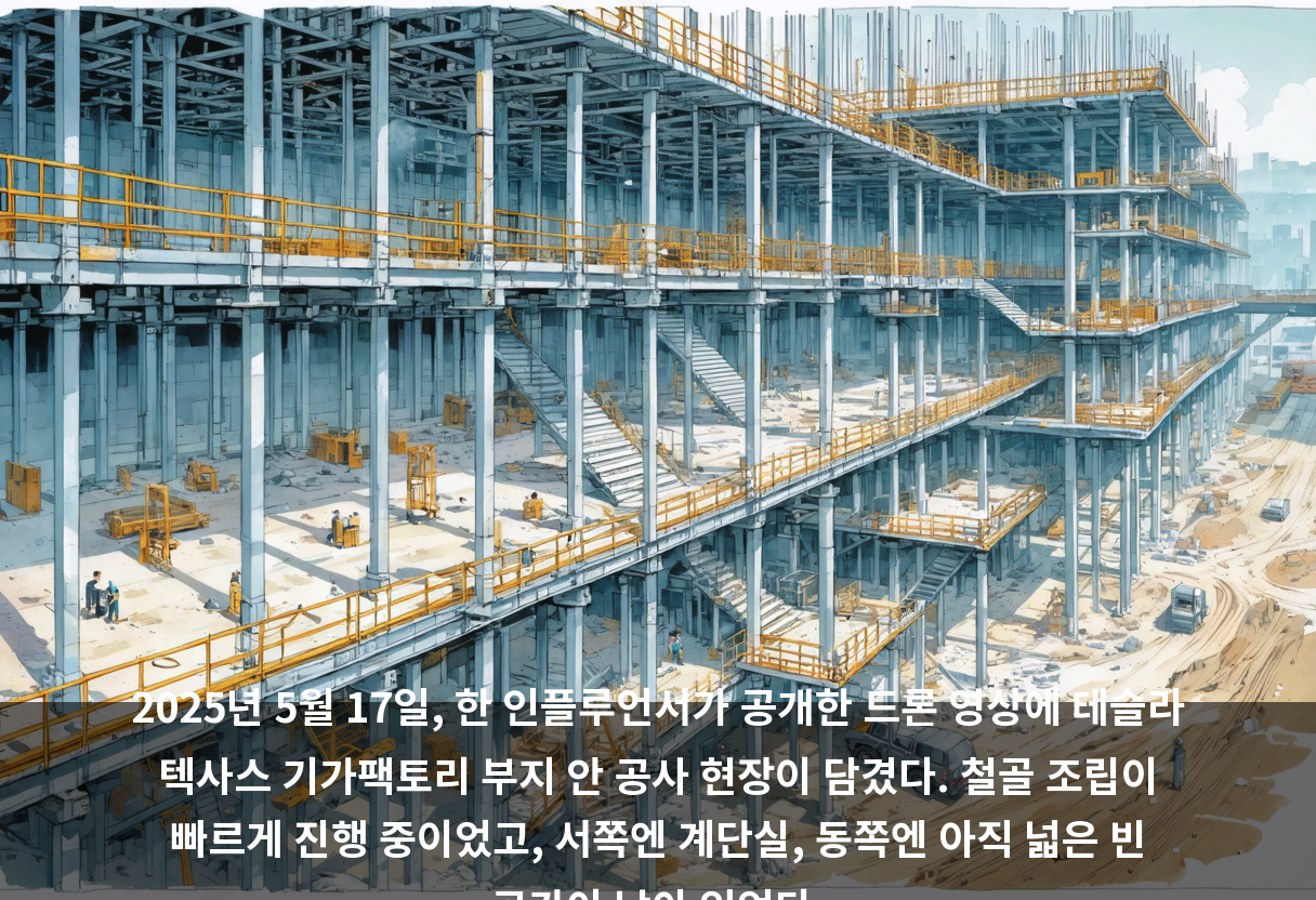 2025년 5월 17일, 한 인플루언서가 공개한 드론 영상에 테슬라 텍사스 기가팩토리 부지 안 공사 현장이 담겼다. 철골 조립이 빠르게 진행 중이었고, 서쪽엔 계단실, 동쪽엔 아직 넓은 빈 공간이 남아 있었다.