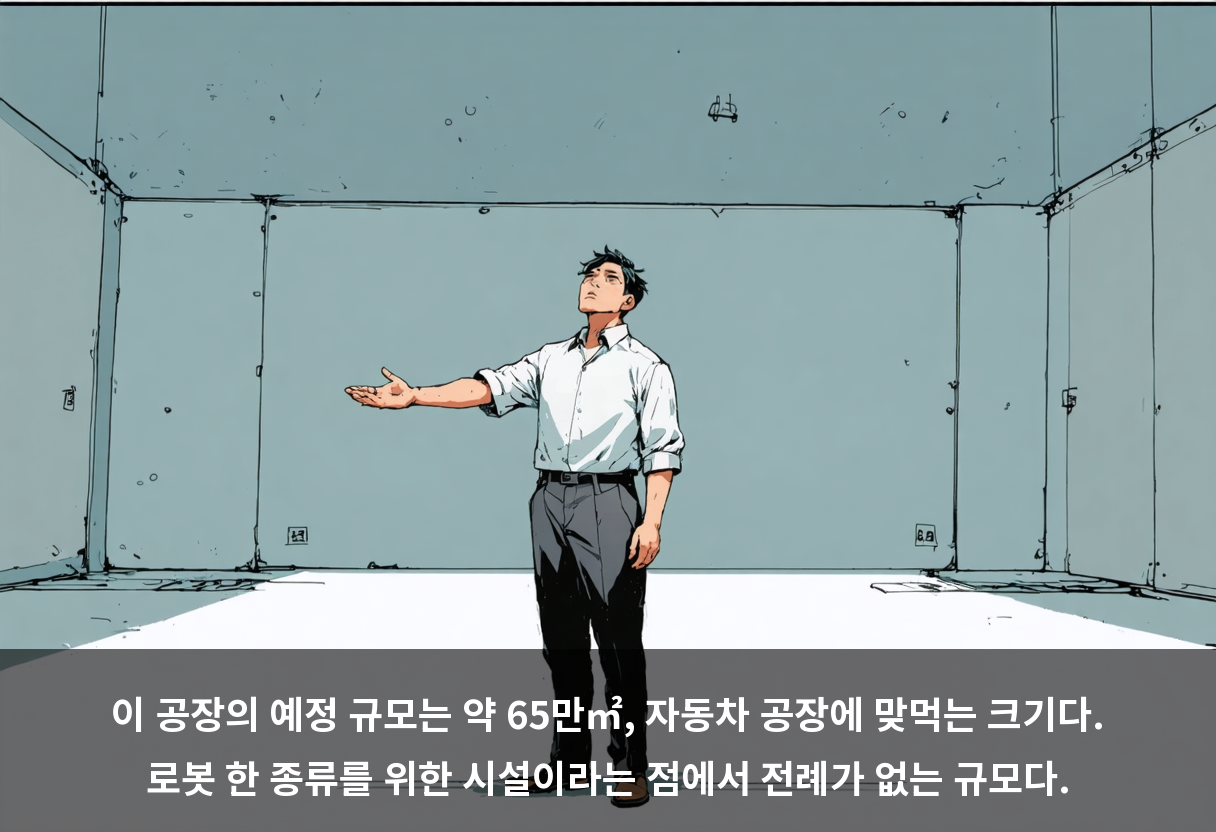 이 공장의 예정 규모는 약 65만㎡, 자동차 공장에 맞먹는 크기다. 로봇 한 종류를 위한 시설이라는 점에서 전례가 없는 규모다.