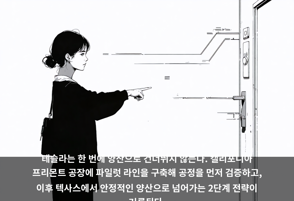 테슬라는 한 번에 양산으로 건너뛰지 않는다. 캘리포니아 프리몬트 공장에 파일럿 라인을 구축해 공정을 먼저 검증하고, 이후 텍사스에서 안정적인 양산으로 넘어가는 2단계 전략이 거론된다.