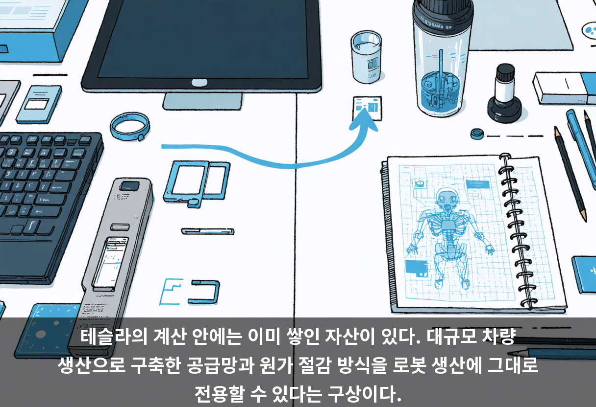 테슬라의 계산 안에는 이미 쌓인 자산이 있다. 대규모 차량 생산으로 구축한 공급망과 원가 절감 방식을 로봇 생산에 그대로 전용할 수 있다는 구상이다.