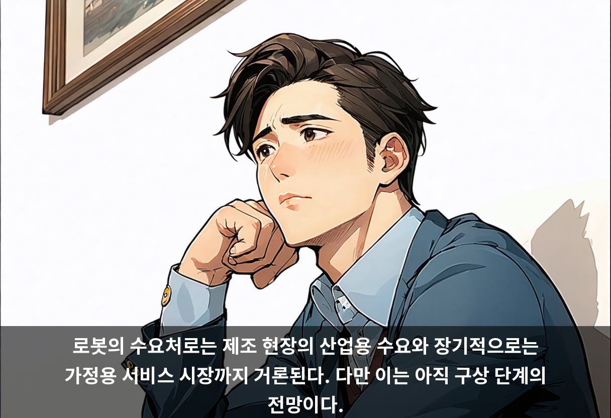 로봇의 수요처로는 제조 현장의 산업용 수요와 장기적으로는 가정용 서비스 시장까지 거론된다. 다만 이는 아직 구상 단계의 전망이다.