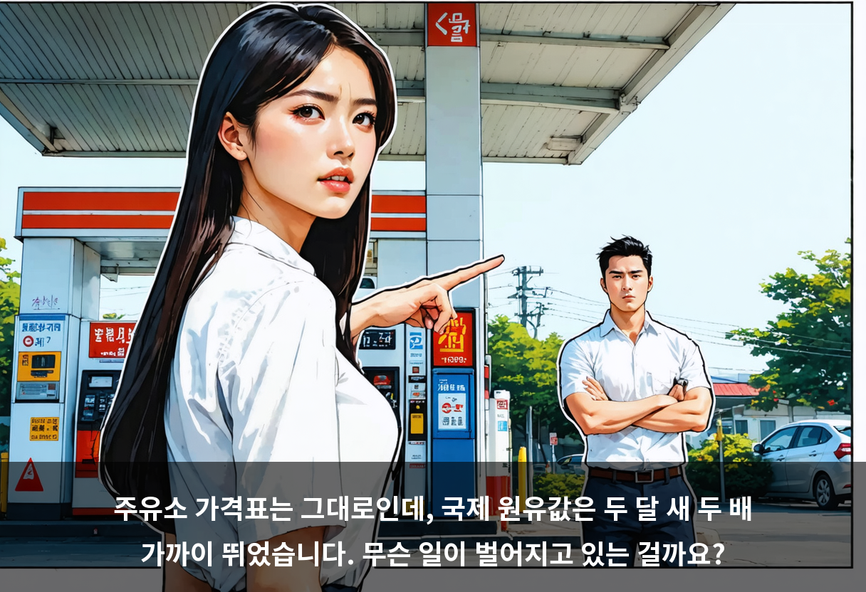 주유소 가격표는 그대로인데, 국제 원유값은 두 달 새 두 배 가까이 뛰었습니다. 무슨 일이 벌어지고 있는 걸까요?