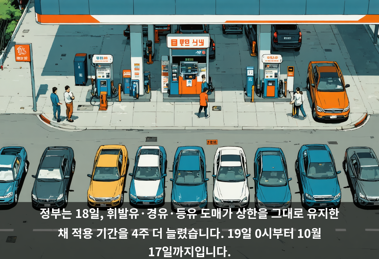 정부는 18일, 휘발유·경유·등유 도매가 상한을 그대로 유지한 채 적용 기간을 4주 더 늘렸습니다. 19일 0시부터 10월 17일까지입니다.